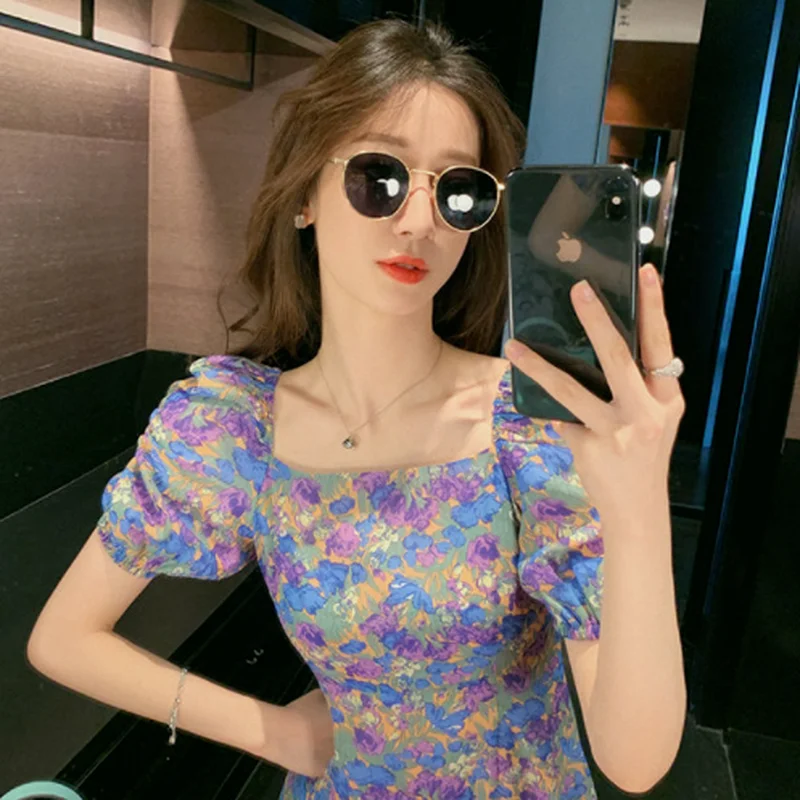 

GOOHOJIO 2021 summer New Floral v-neck puff sleeves dress women temperament dress ladies Vacation beach High waist women dress