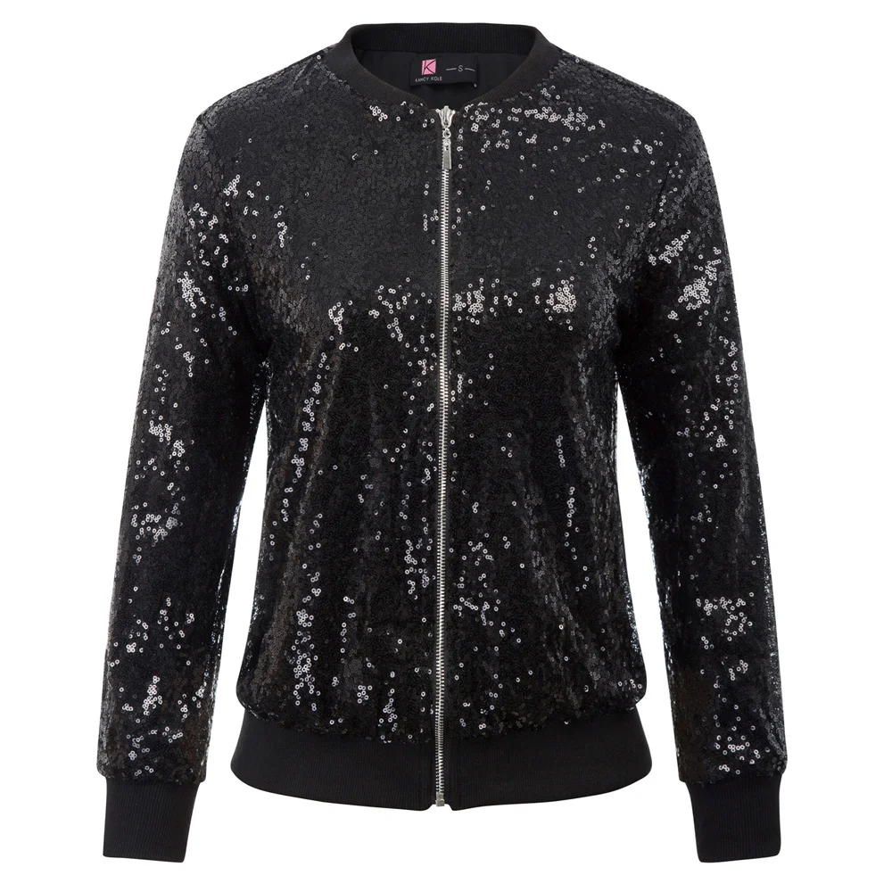 

Ribbed collar Coat Sleeve cuffs Zipper Elastic Sequins Sparkling Stand Collar