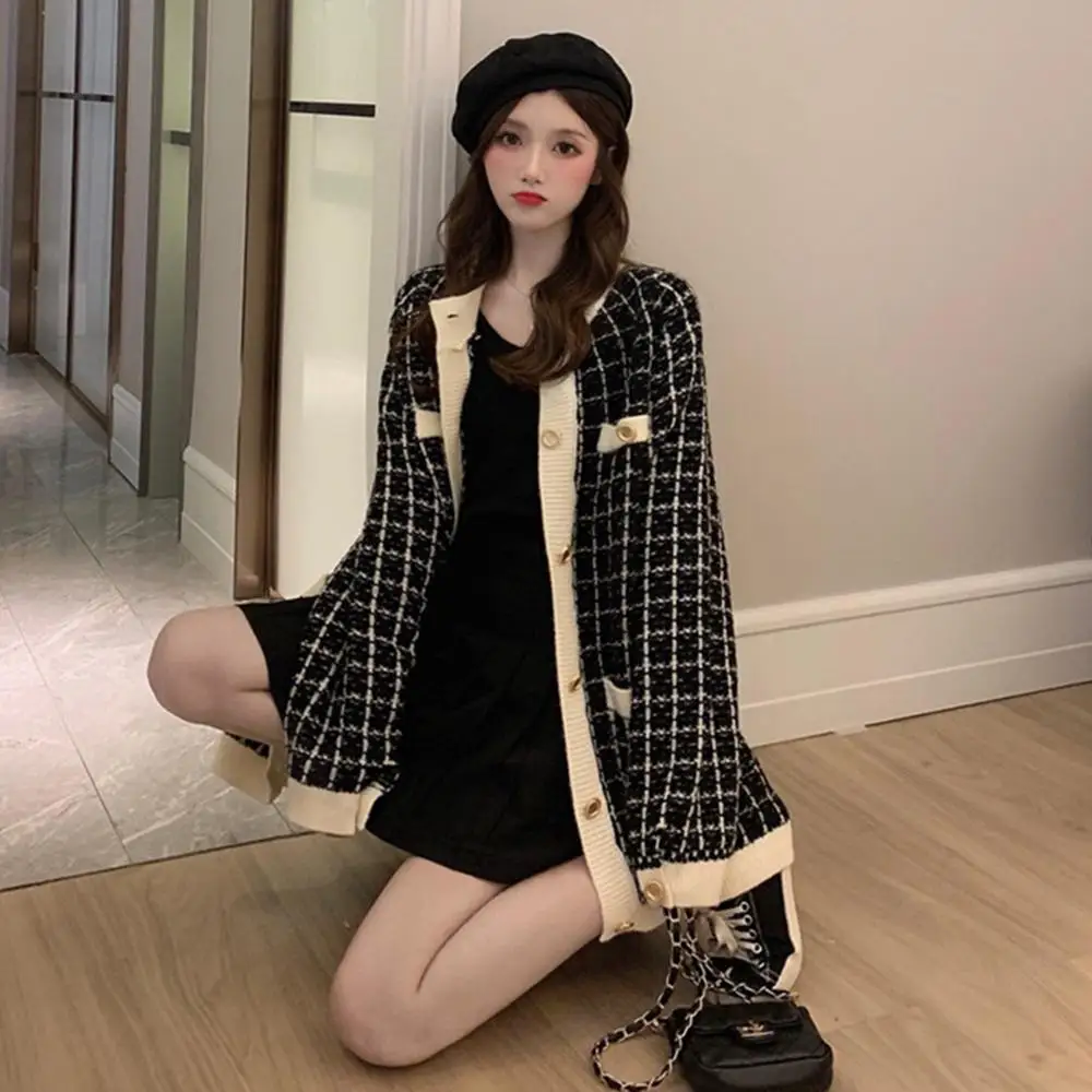 2019 женская верхняя одежда Модный женский свитер с вязаными карманами в клетку Kiwi