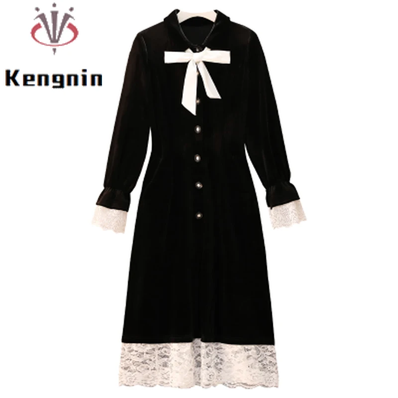 

Свободные женские платья большого размера 4XL, весна 2022, женские платья с длинным рукавом, кружевное бархатное черное платье в стиле пэчворк, ...