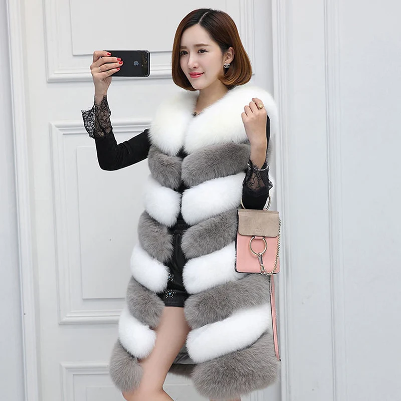 Женский Длинный жилет из искусственного меха комбинированный контрастных