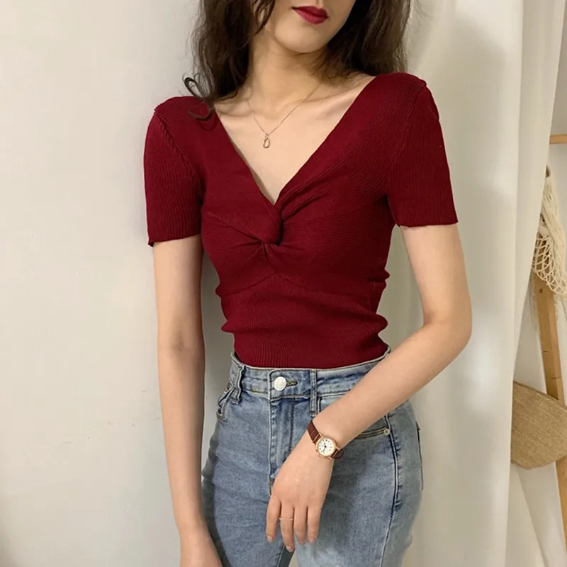 

Ladies Summer Solid Color Women T Shirt Clothes for Ladies V-neck Short-Sleeve Tshirt Harajuku Streetwear Tops