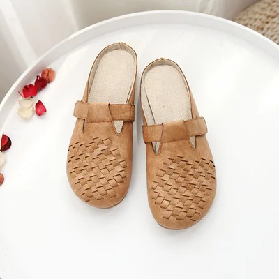 Careaymade-Summer new Women's flat bottomed Retro shoes with Baotou half weave slippers on the outside soft sole Lazy shoes