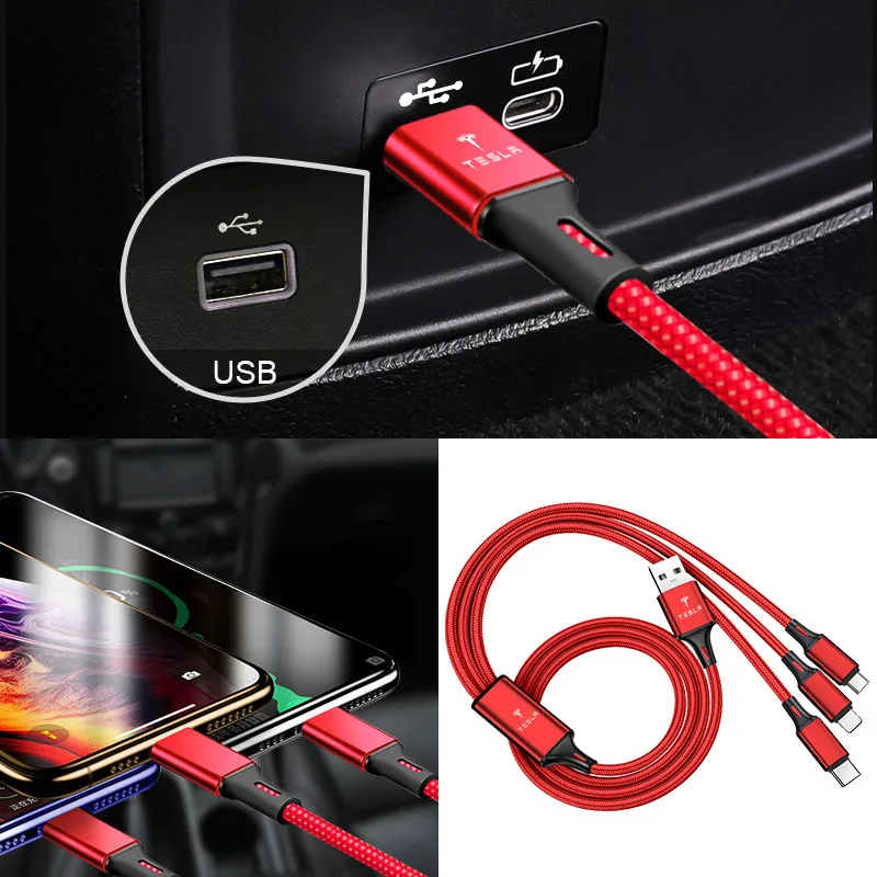 USB-кабель для быстрой зарядки и передачи данных 3 в 1 автомобильные аксессуары Tesla