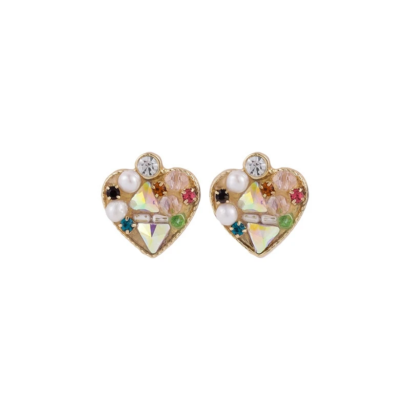 

MENGJIQIAO Korean Colorful Crystal Heart Stud Earrings For Women Girls Elegant Cute Pearl Beads Boucle D'oreille Jewelry Gifts