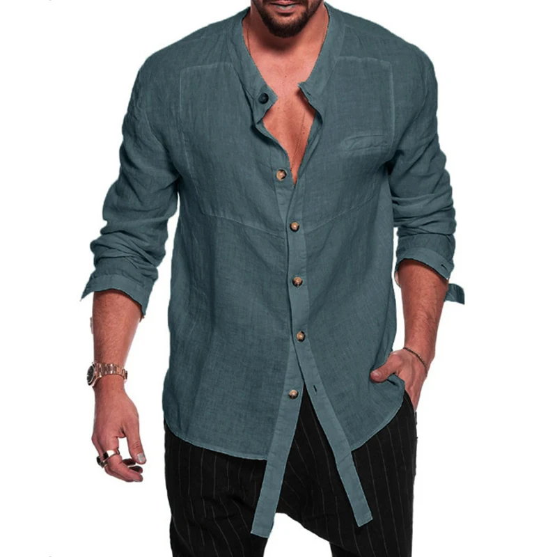 

Summer Casual Solid Cotton Linen Shirts Men Long Sleeve Stand Collar Tops Autumn Fashion Single Breasted Loose Shirt Streetwear