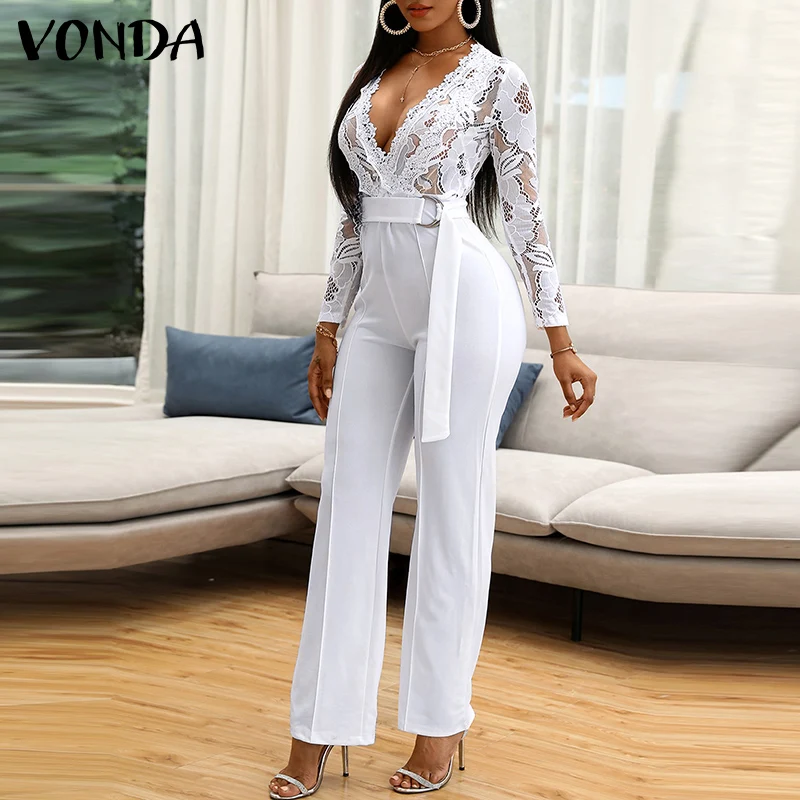 

2022, женские длинные Комбинезоны VONDA, свободные осенние пикантные кружевные костюмы с глубоким V-образным вырезом, женский комбинезон с брюка...