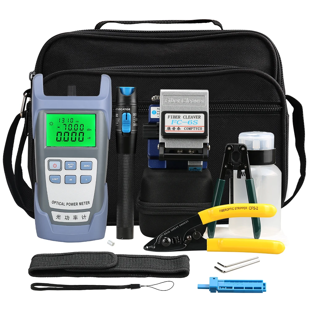 

Fiber Optic FTTH Tool Kit with FC-6C Fiber Cleaver Optical Power Meter 5MW Visual Fault Locator Wire Stripper