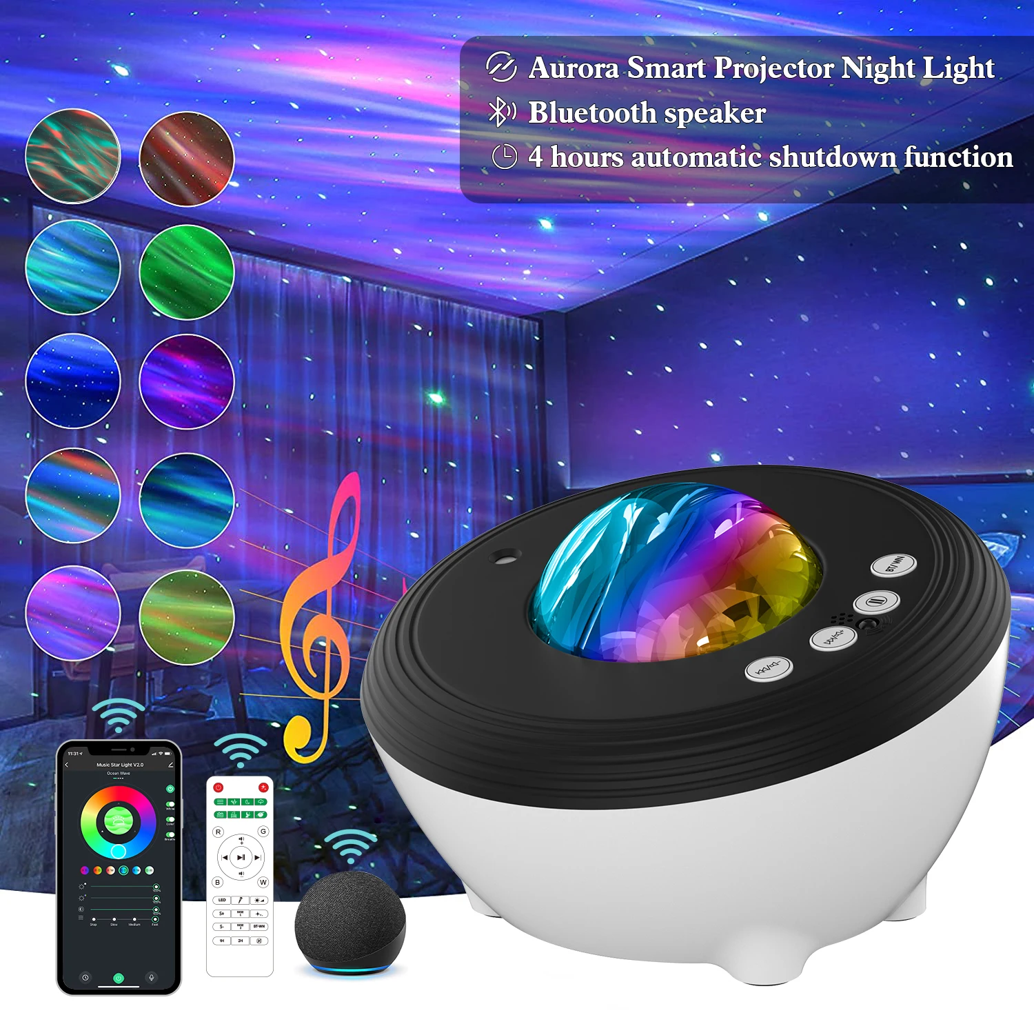 

Умный светодиодный ночник с Wi-Fi, проектор Aurora Galaxy, декор для комнаты, вращающаяся проекционная лампа со звездным небом, музыкальный плеер с ...