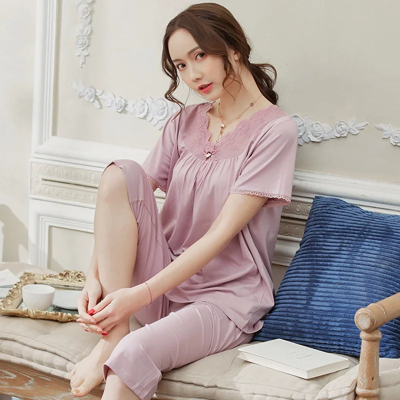 

Modal pajamas ladies summer short sleeve middle-aged plus size mom loose two-piece suit summer thin home clothes