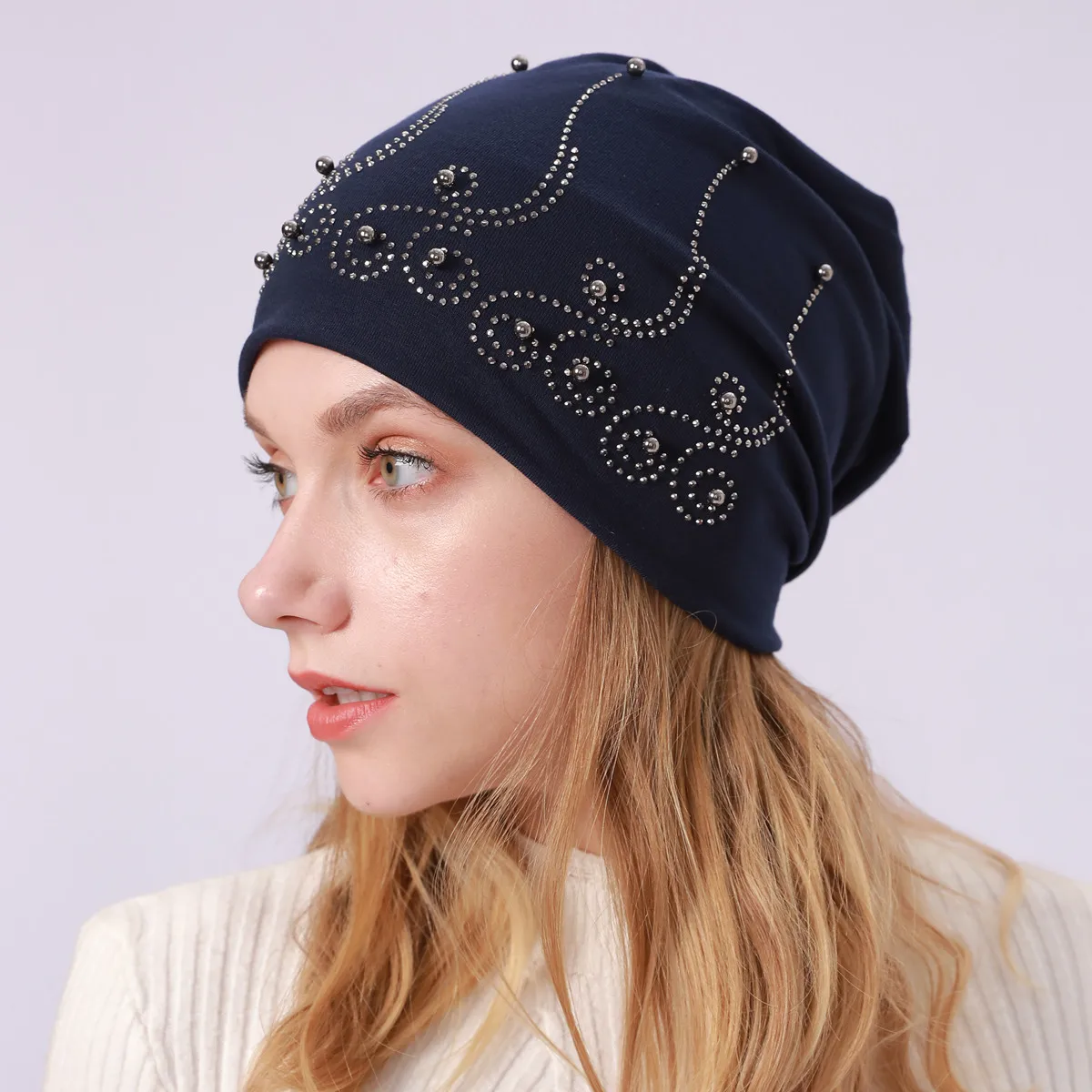 Зимняя женская шапка бини модные стразы с жемчугом хлопковые облегающие шапки