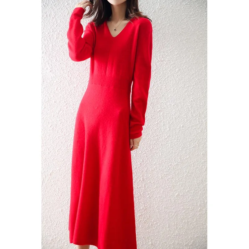 

Zocept 100% Wool Fashion Women Elegant V Neck Sweater Dress Knit Winter Long Sleeve Pullover Midi Dress Christmas Party Dresses
