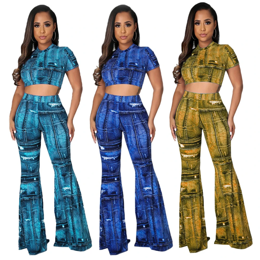 

Hn022 Europe the United States hot spring and summer women's wear features denim printing fashion leisure two-piece set availabl