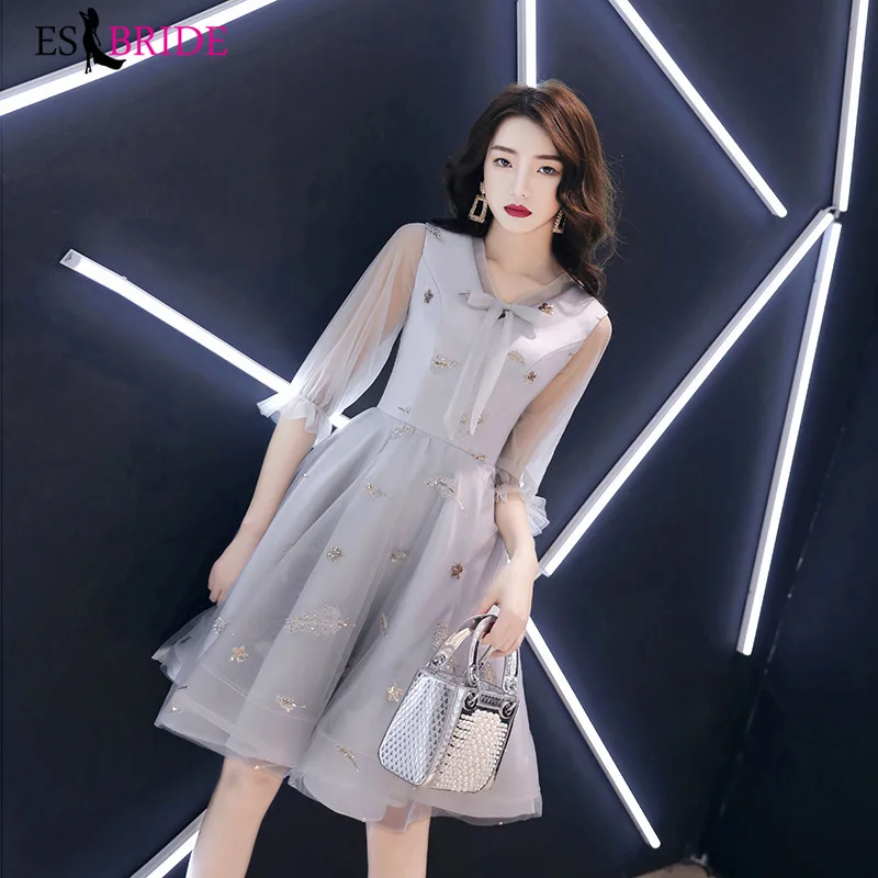 Элегантные коктейльные платья с вышивкой ES3261 ТРАПЕЦИЕВИДНОЕ короткое серое