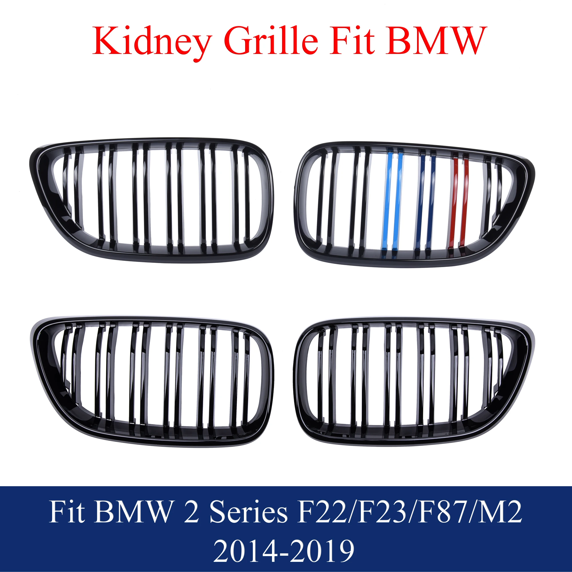 Front Kidney Grill Gloss Black M Color Fit BMW 2 Series F22 F23 F87 M2 2014 - 2019 218i 220i 228i 230i M235i M240i xDrive