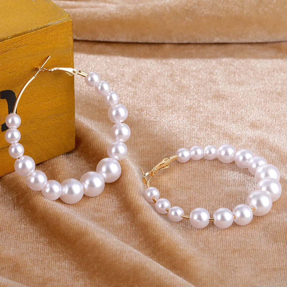 Женские серьги-кольца с круглым белым жемчугом корейские большие круглые