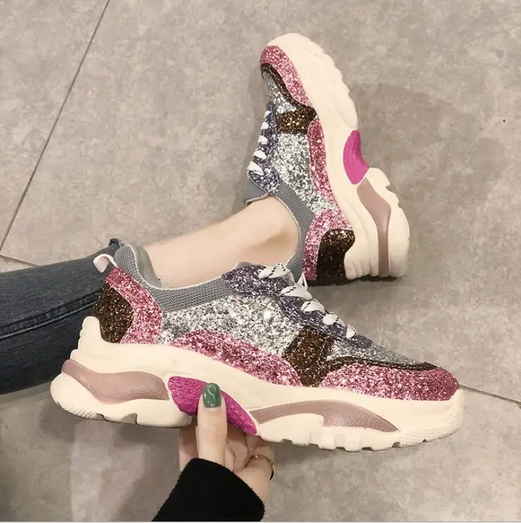Прямая поставка женский Блестящий на платформе кроссовки модные женские ботинки