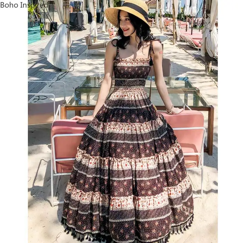 Богемный Вдохновленный хлопок цветочный принт длинное платье Бохо эластичные