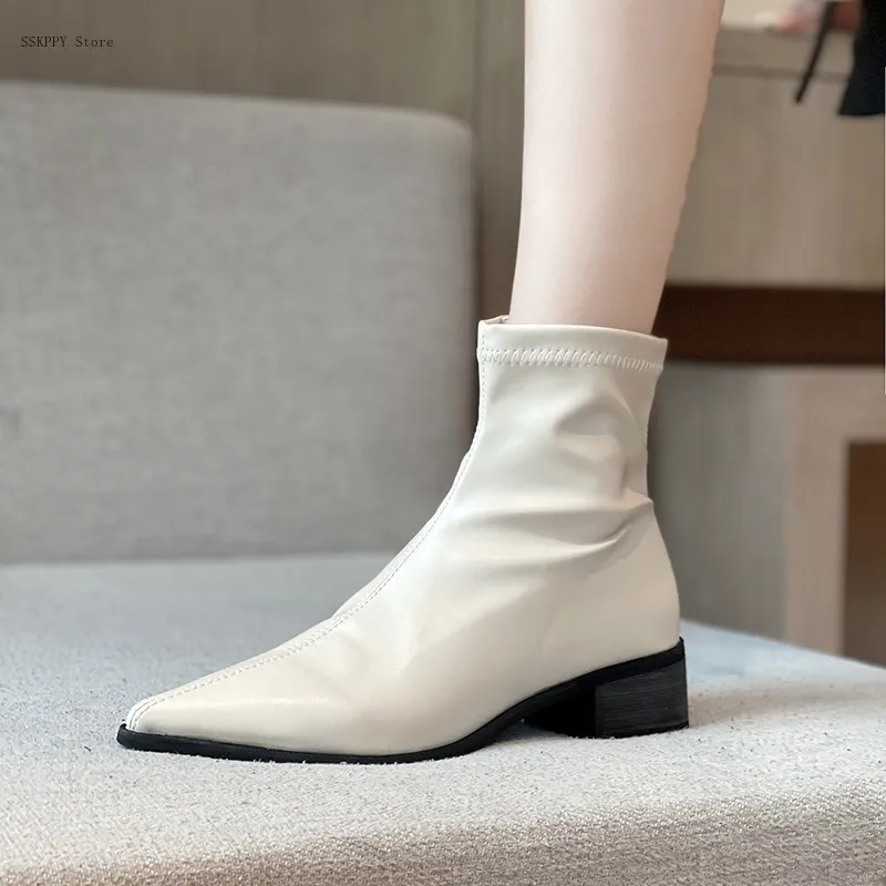 2021 Summer Spot Women's Viscose Shoes Low Tube One Size Pointed Chelsea Boots Skin Color short Boots Thick Heels