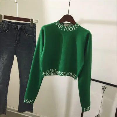 GREEN Для женщин Harajuku трикотаж, надписи половина с высоким, плотно облегающим шею воротником с коротким свитеры и пуловеры Топ OL леди длинный рукав Высокая Талия приталенные Рубашки, Топы - Цвет: GREEN