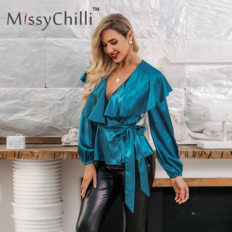 MissyChilli атласная синяя бандажная блузка с рюшами рубашка женская длинным рукавом