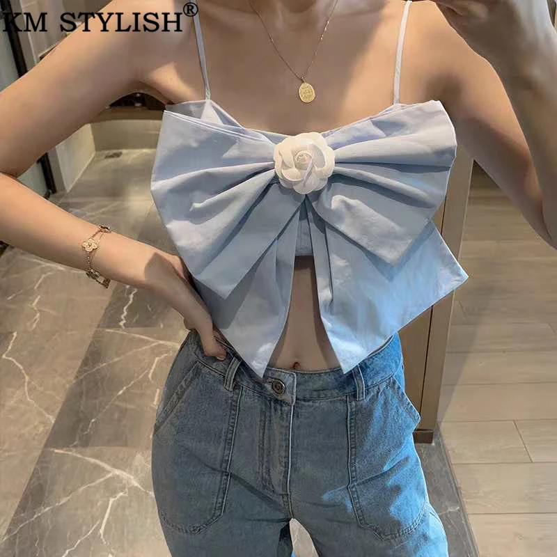 New Fashion Women Sexy Crop Tops Solid Summer Camis Women Casual Tank Tops Vest Three-dimensional Flower Bow Camisole Clothings