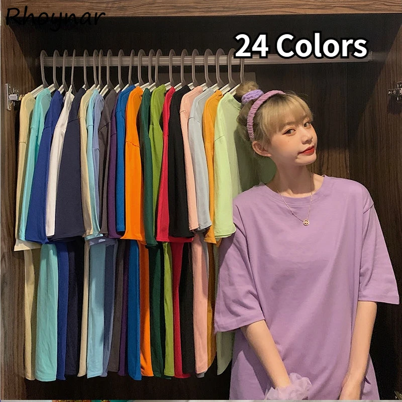 

T-shirts Women Colorful Students Lovely Tender Girls Loose Tees Tops Summer Solid BF Chic Ulzzang All-match Comfortable Newest