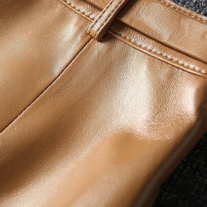 

2020 New Womens Genuine Leather Skirt A Line Belted Office Lady Mini Saia High Waist Elegant Work Army Green Khaki Faldas Mujer