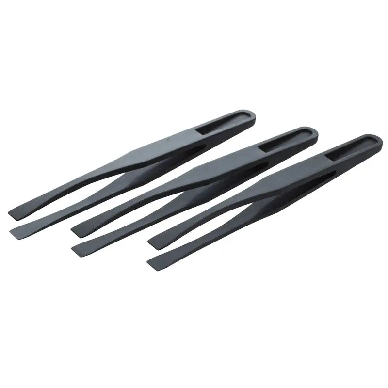 

115mm Long Flat Tip Black Plastic Anti-static Tweezers 3 Pcs