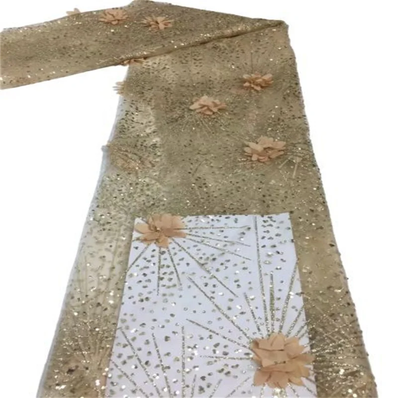 

African Sequins Lace 3D Flower Fabrics Luxury Lace French Mesh Tulle Lace Fabric Nigerian Net Lace Fabrics for Wedding Party