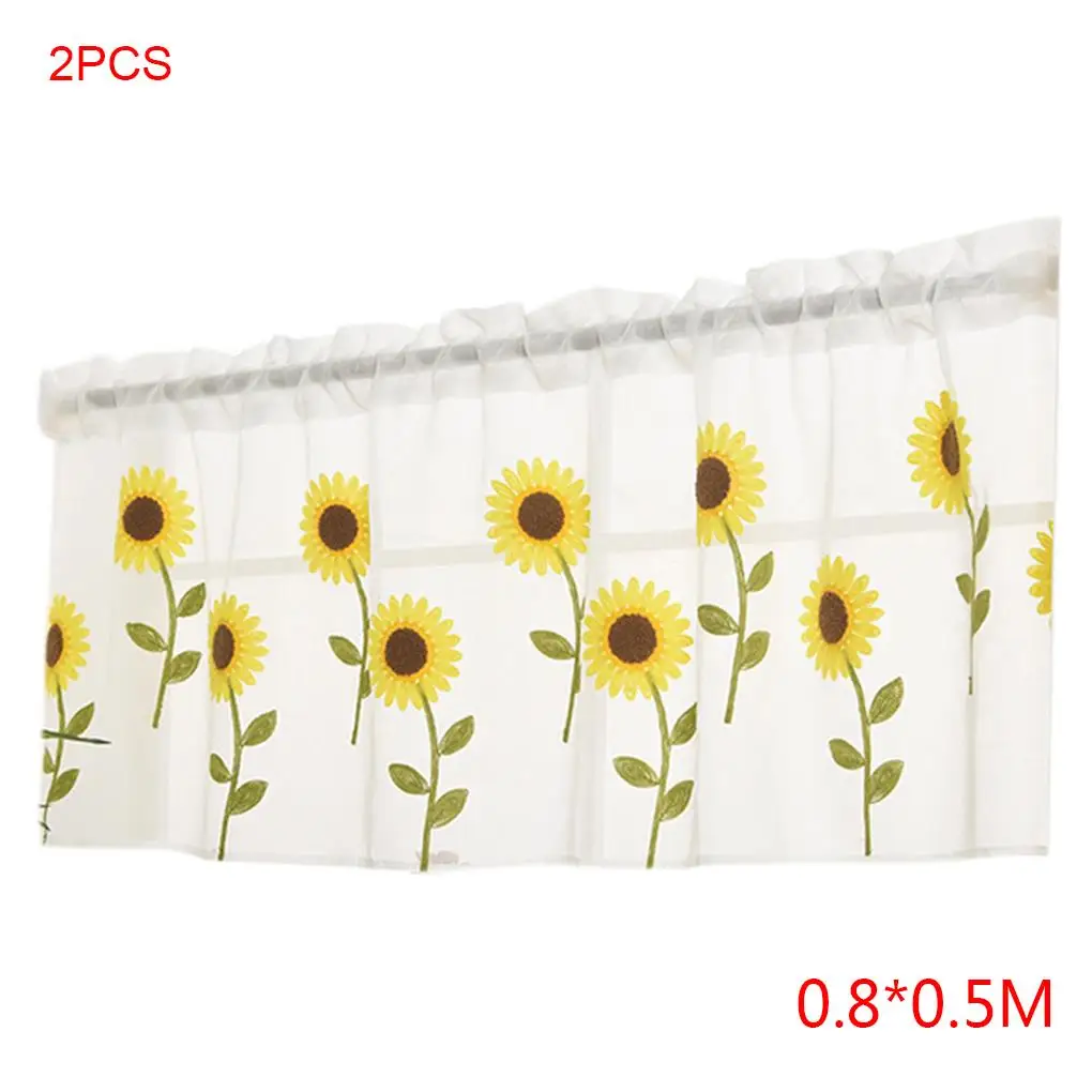 

2 Pieces Semi-Sheer Sunflower Half Curtain Short Drape Rod Pocket Valance Balcony Living Room Window Drapes