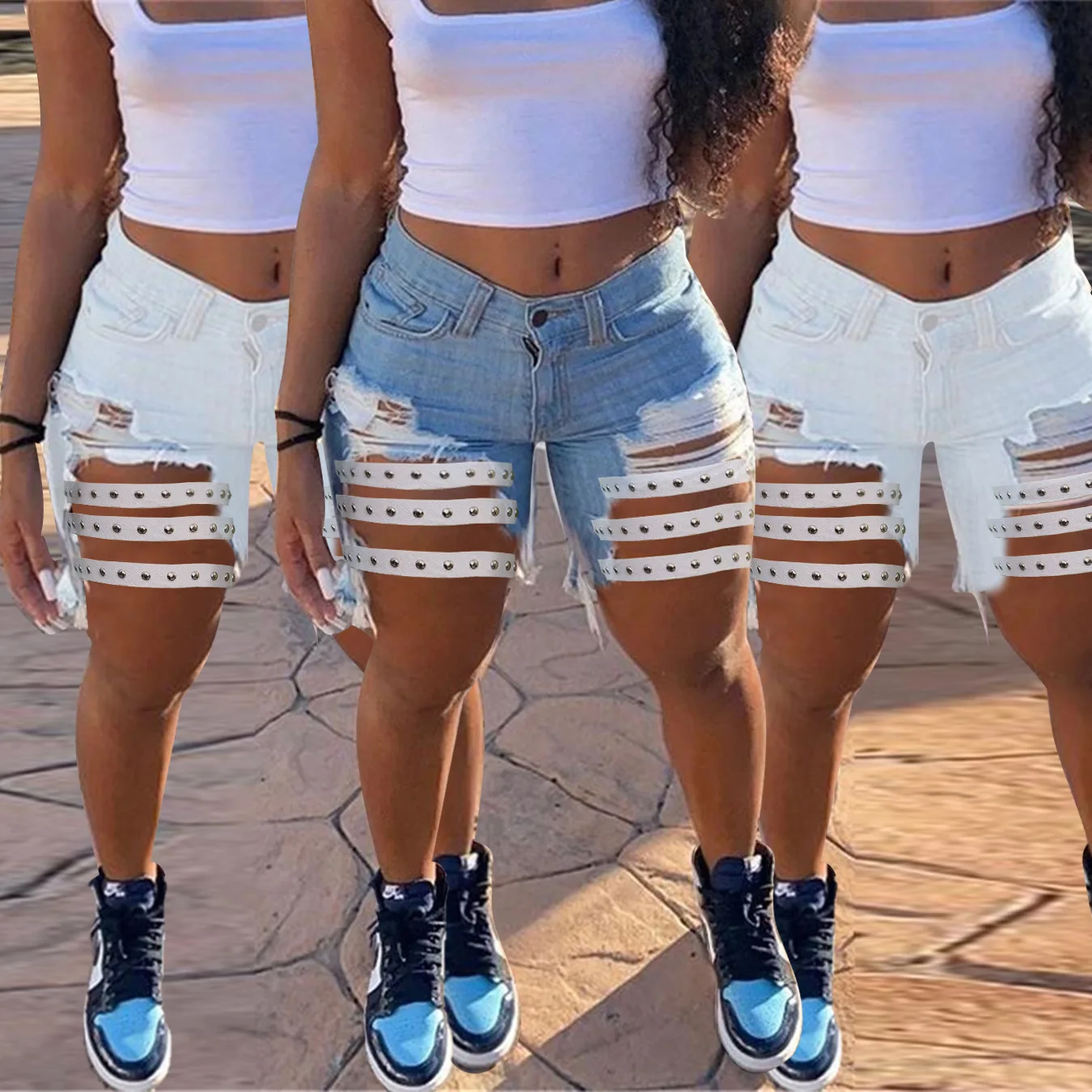 

2021 new women's summer rivet decoration ripped denim pants
