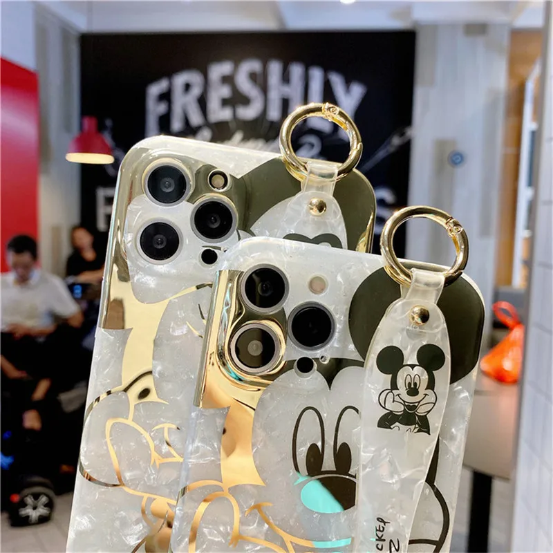 disney mickey minnie mouse bronzing case pattern mobile phone case wristband for iphone 13 12 11 pro max cases xr xs x 7 8 plus free global shipping