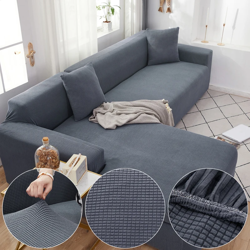 

Plaid Corn Fleece Dark Gray Sofa Cover For Living Room Solid Color All-inclusive Modern Elastic Corner Couch Slipcover 45012
