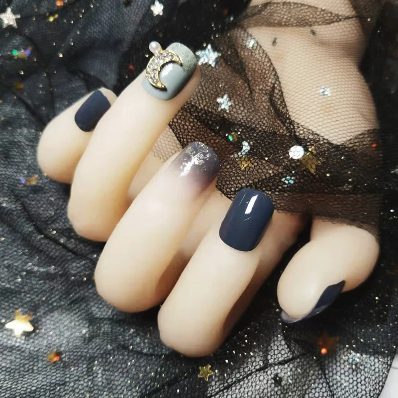 24pcs / Set Fake Nail Haze Blue Pearl Moon Short Wear Finished Full Cover Artificial Wearable Nails With Glue | Красота и здоровье