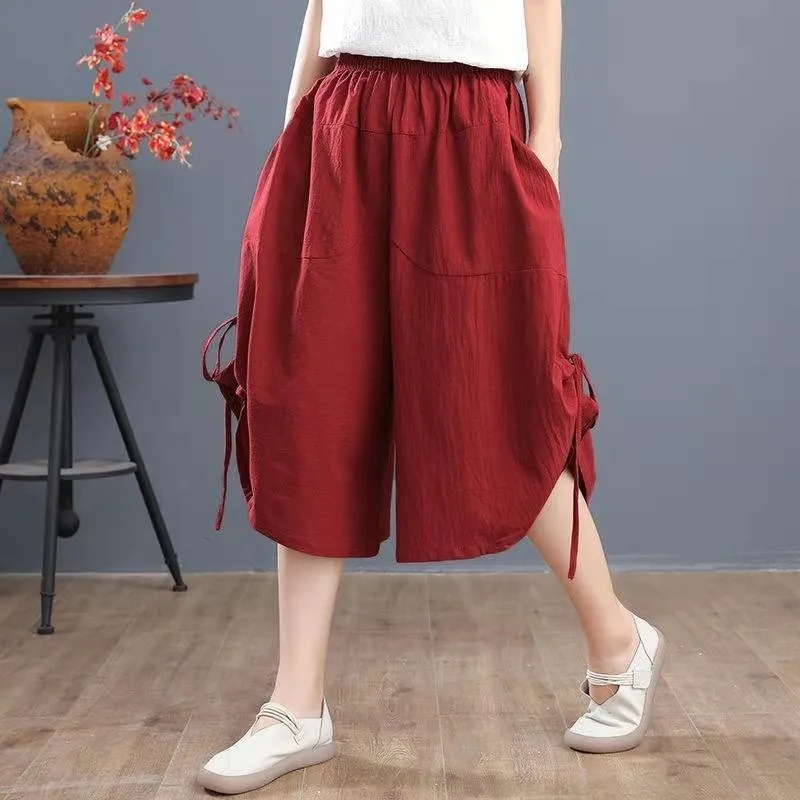

2021 New Arrival Summer Women Loose Casual Elastic Waist Wide Leg Pants All-matched Side Stripe Cotton Calf-length Pants B379