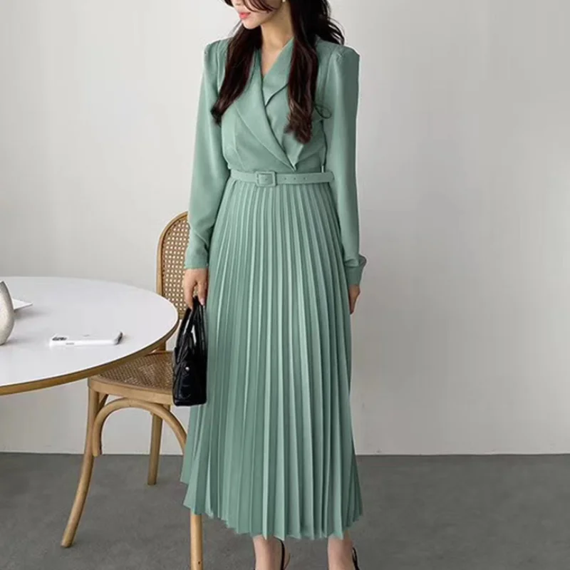 

Elegant Office Ladies Blazer Dresses Women Pleated Belt Long Dress 2021 Spring Autumn Full Sleeve Female Party Dress