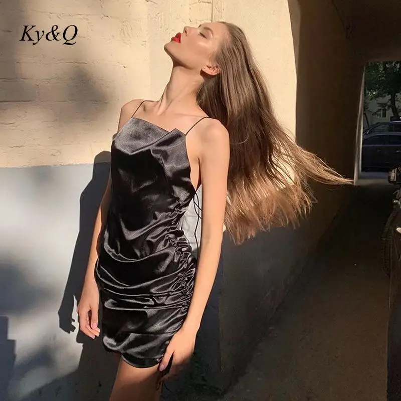 [Brand Low Price] Summer Simple Satin Pleating Suspender Dress Women Sexy Backless Bandage Dresses High Quality Clothes | Женская одежда