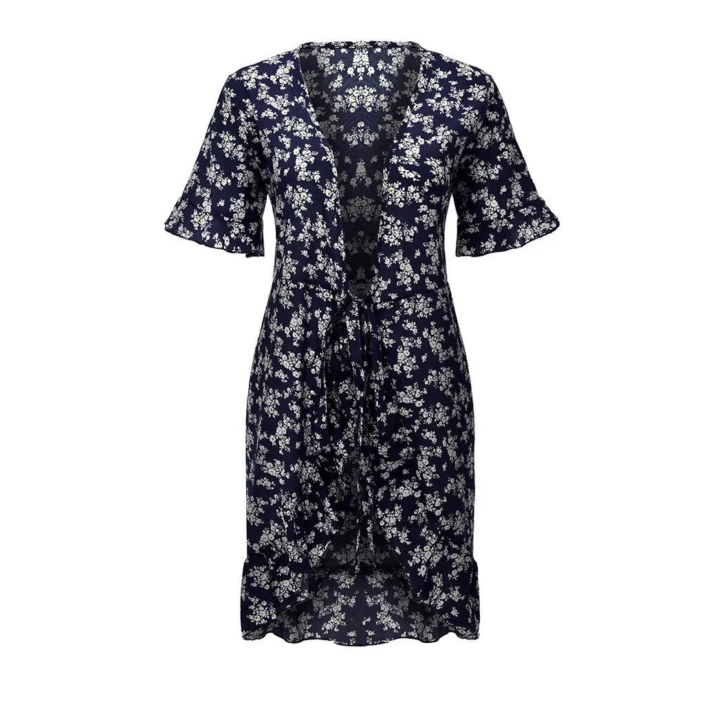 

Dresses Summer Women 2020 Sexy V Neck Floral Print Boho Beach Dress Ruffle Short Sleeve A Line Mini Dress Wrap Sundress Robe