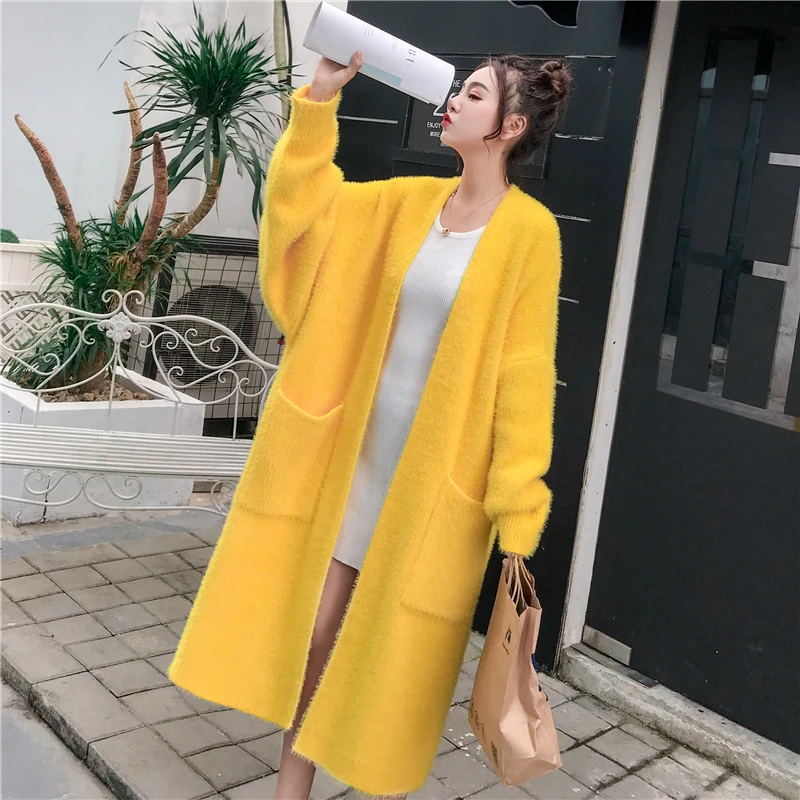 high quality faux mink velvet loose women's knitted cardigan winter long open stitch outerwear plus size yellow sweater coats |