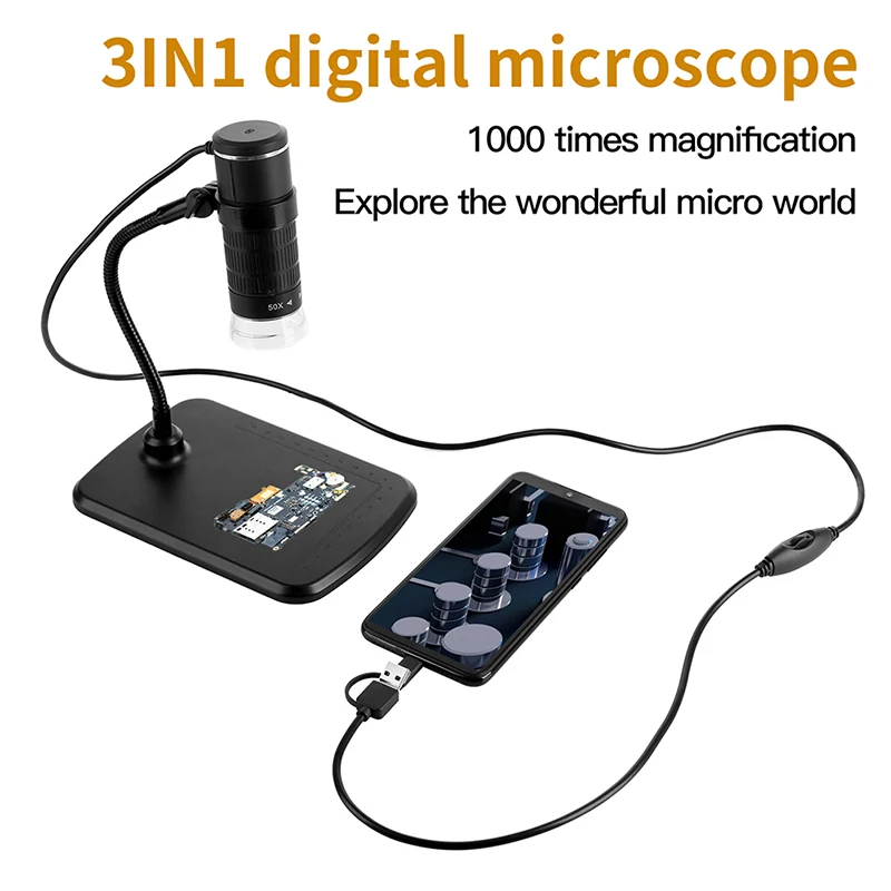 1000x 3 in 1 usb digital microscope type c electronic microscope camera 8 led magnifier adjustable magnification with stand free global shipping