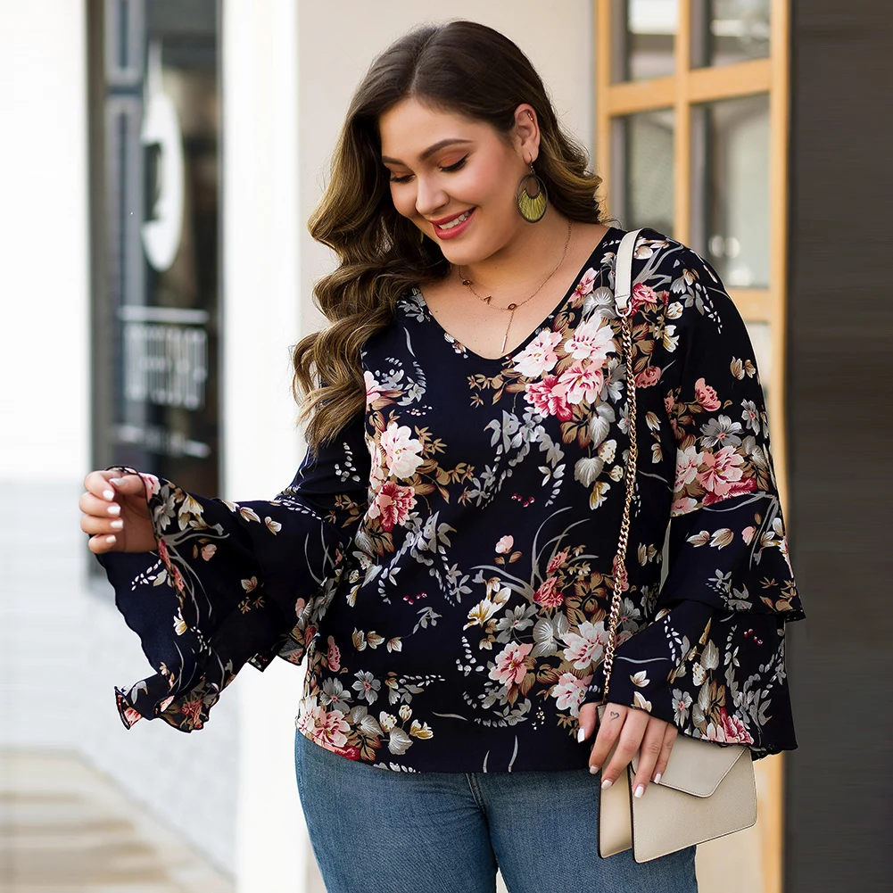 FADZECO блузки размера плюс для женщин цветочные печатные V образным вырезом с