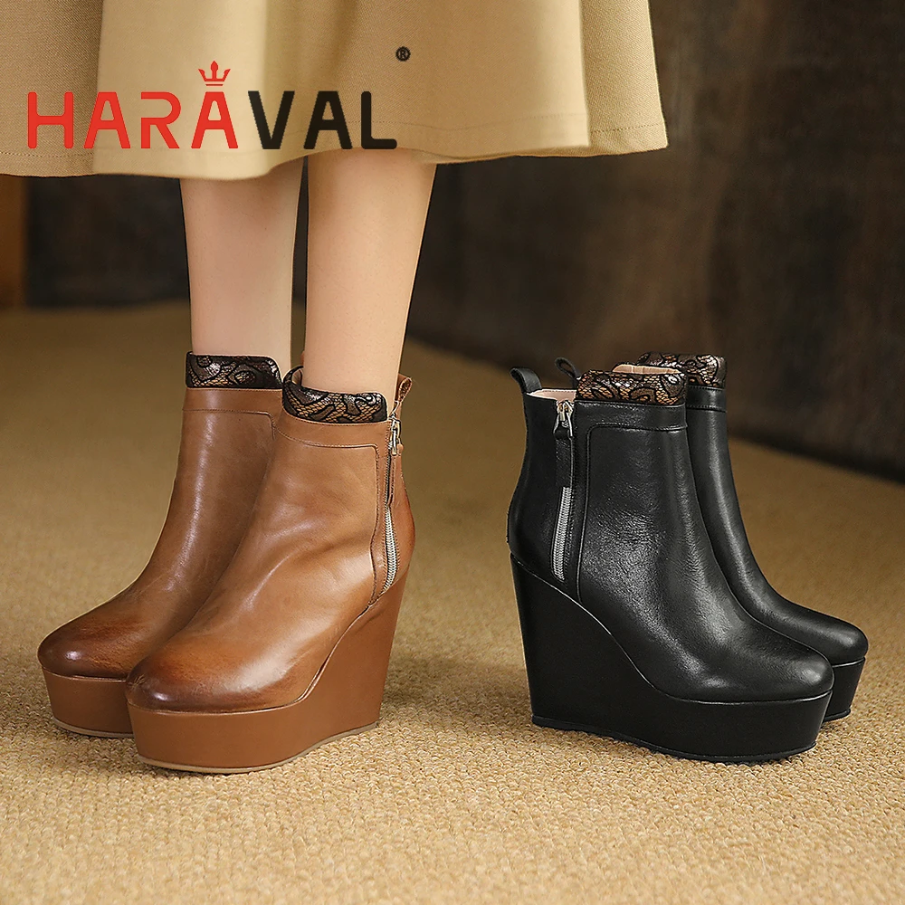 

HARAVAL Women Slope Heel Boots Shoes Zipper Platform Waterprof Black Brown Solid Footwear For Lady High Heels Winter AutumnE27L