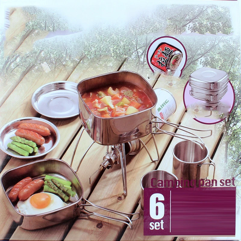 

Кастрюля для кемпинга He-Outdoor из 6 предметов, кухонная посуда из нержавеющей стали для 2-3 человек, портативный барбекю, столовая посуда, набор ...