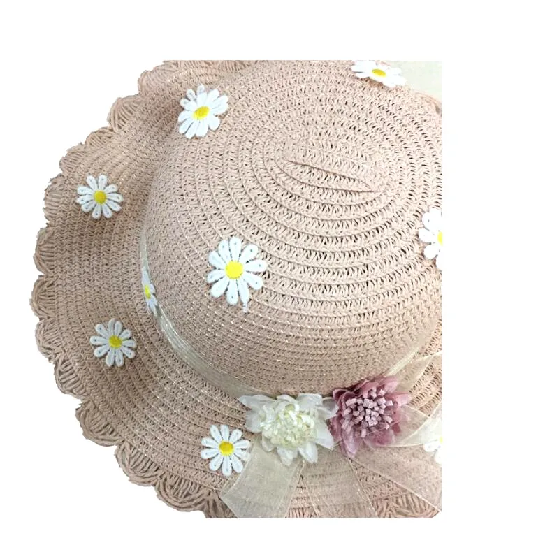 Шляпа соломенная детская летняя розовая с кружевными лентами Кепка козырьком от