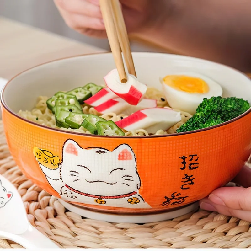 

1pcs Multi-size Japanese Lucky Cat Round Ceramic Bowl Restaurant Household Bone China Salad Bowl Noodle Soup Bowl Tableware