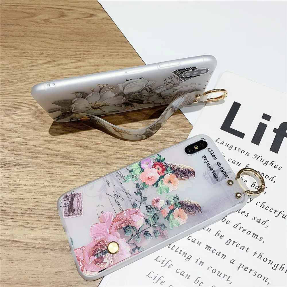 

Flower Soft TPU Silicone Wrist Strap Case for OPPO R17 R19 R11S R15 R9 K3 K5 Reno 3 Pro Relief Floral Holder 2020 Phone Capa