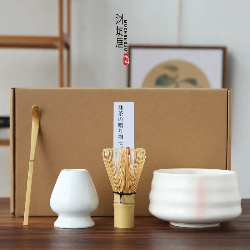 Juego de batidor de bamb&uacute;, cuchara de cer&aacute;mica, taz&oacute;n, batidor, juegos de t&eacute; japon&eacute;s, t&eacute; verde con burbujas, 4 unids/set por juego-0