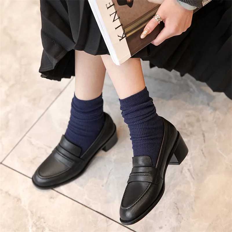 

Meotina High Heels Women Shoes Natural Genuine Leather Chunky Heels Loafers Shoes Cow Leather Round Toe Pumps Ladies Size 34-39
