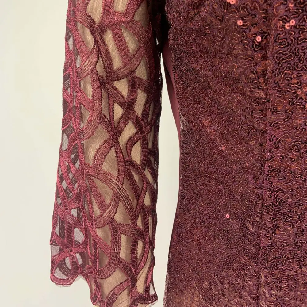 

Women O Neck 3/4 Sleeve Sheer Patchwork Shiny Sequins Bodycon Knee-length Dress